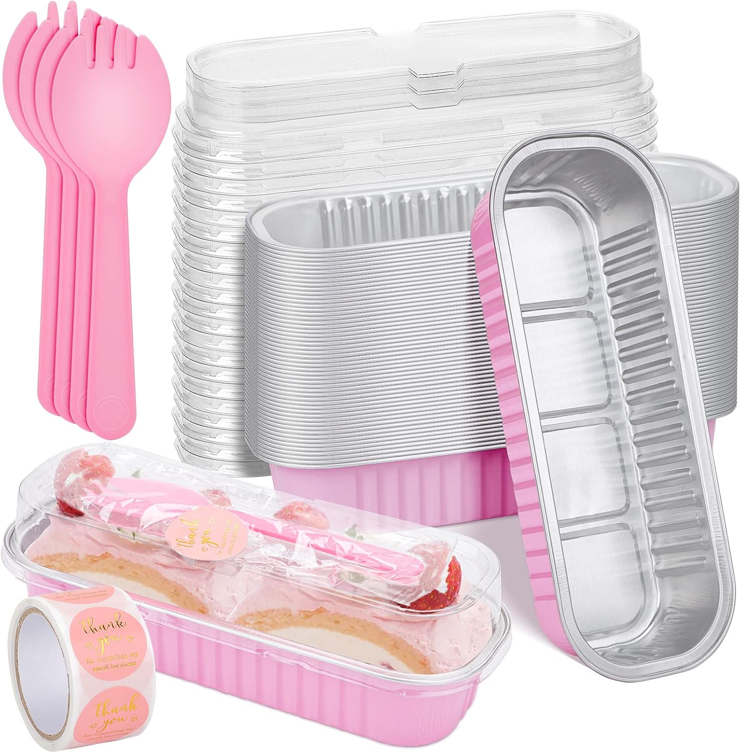 25Pack Pink Mini Cake Pans with Lids Mini Loaf Pans and Spoons and Stickers, 6.8Oz Aluminum Foil Pans Tins, Individual Dessert Cups Containers for Sales,Party,Picnics