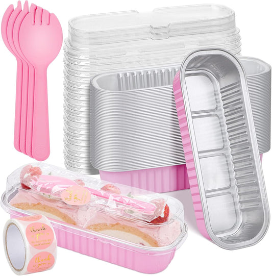 25Pack Pink Mini Cake Pans with Lids Mini Loaf Pans and Spoons and Stickers, 6.8Oz Aluminum Foil Pans Tins, Individual Dessert Cups Containers for Sales,Party,Picnics