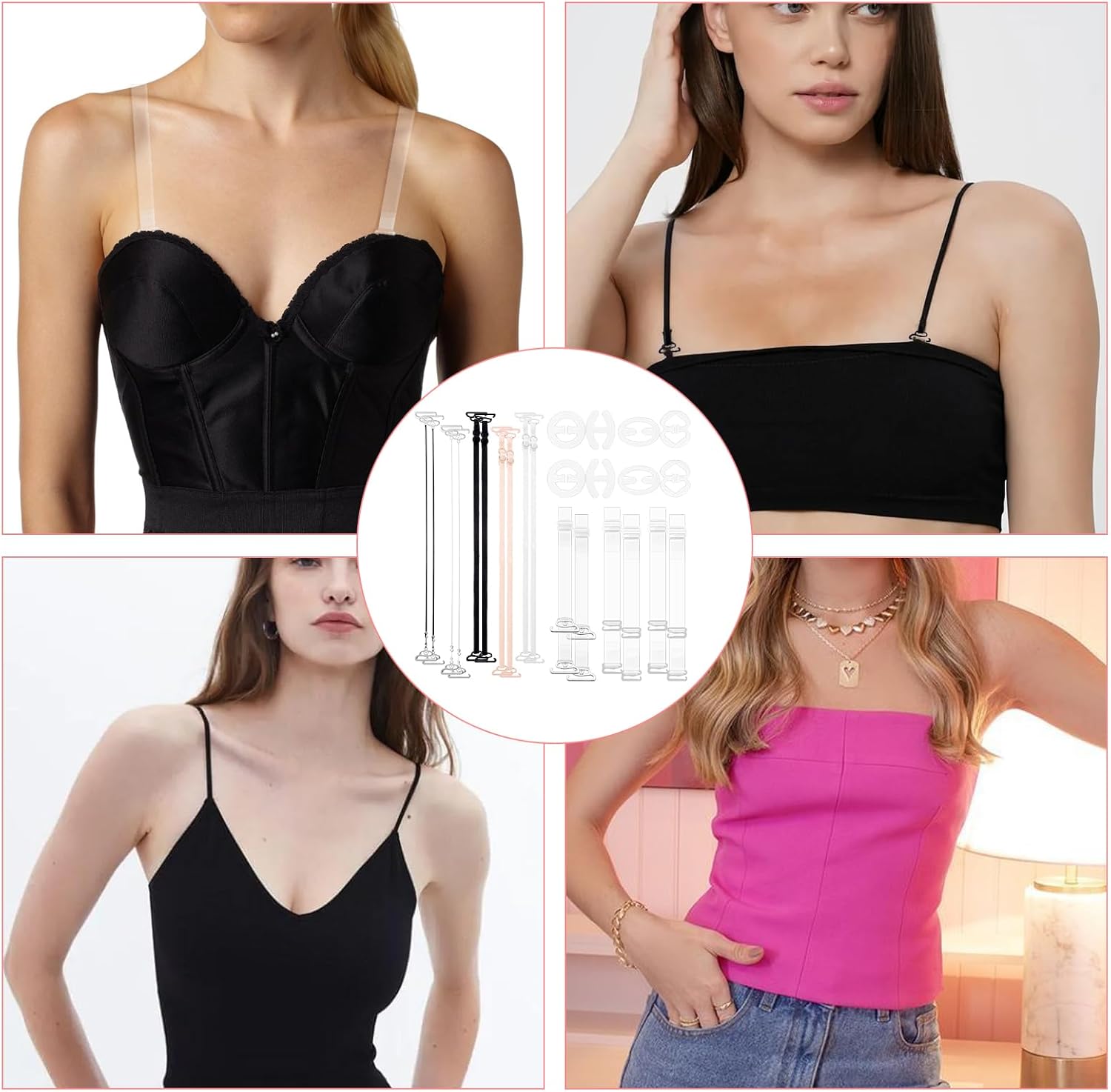 24Pcs Clear Bra Straps, Adjustable Bra Straps Replacement, Non-Slip Shoulder Straps with Clips, Multiple Colors Styles for Women Girls Strapless Brassiere Dresses Dance Daily Wear