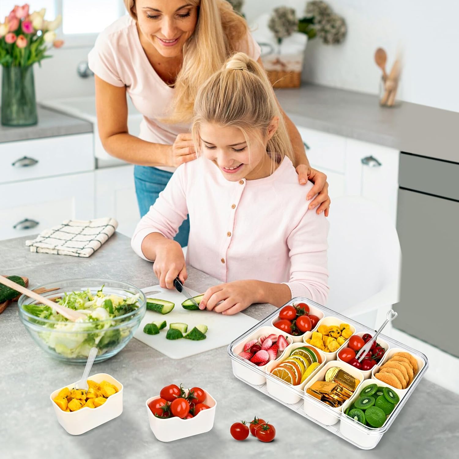 Divided Serving Tray with Lid, Snackle Box Container with Lid,Snack Box Container with Cutlery Storage, 8 Fruit Forks, 2 Spoons, Fruit Tray,Portable Snack Organizer, 8 Compartments snack tray with lid