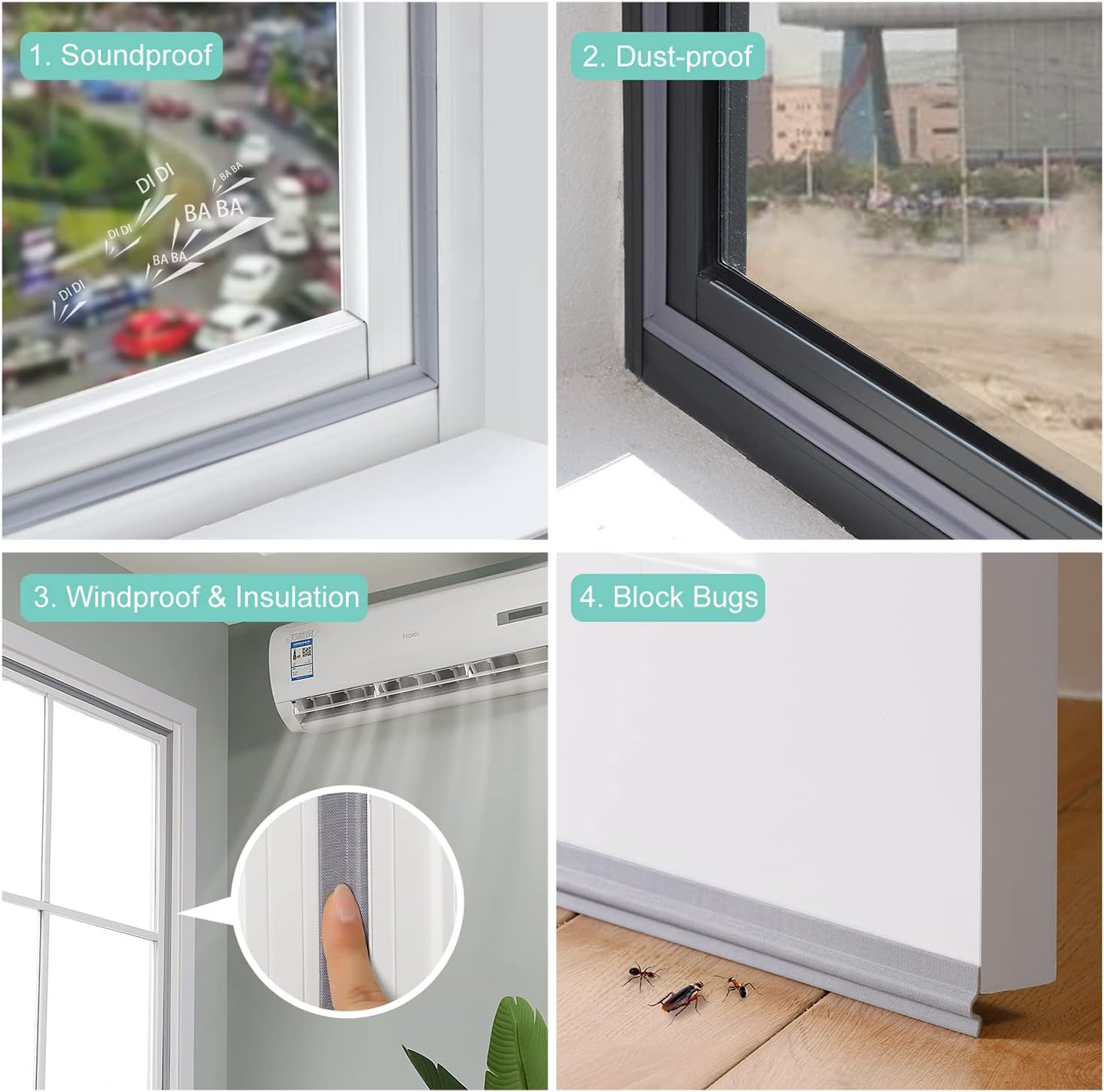 MOPMS Draft Stopper Sweep, Door Weatherproofing Stripping, Window Seal Strip Self-adhisive Soundproof Cuttable Weather Length 6.56Ft - Grey