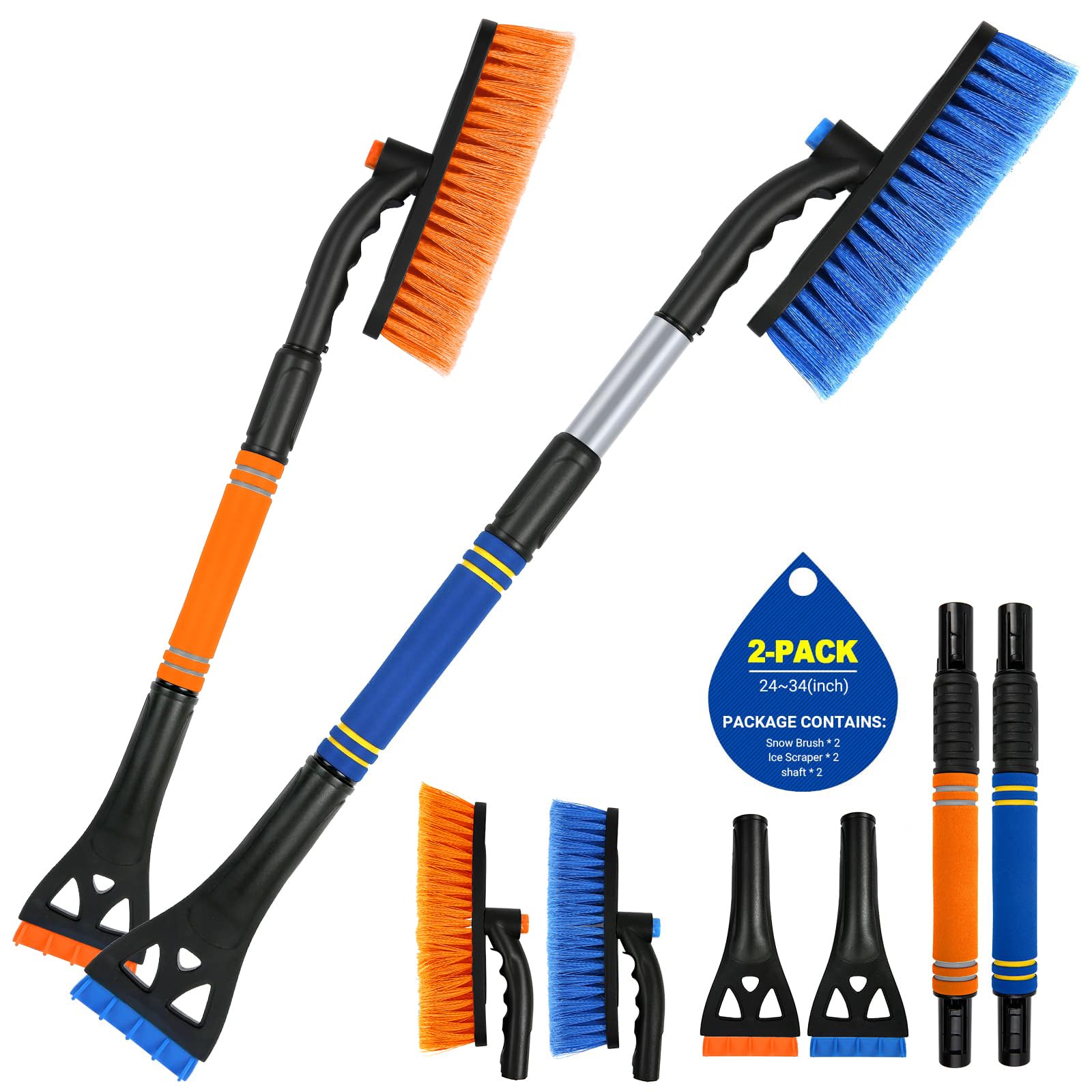 34" Extendable Ice Scrapers for Car Windshield 2-in-1 Snow Brush for Car Snow Scraper for Car Snow Scraper and Drush with Ergonomic Foam Grip for Cars, Trucks, SUVs with 360° Pivoting Brush Head Blue