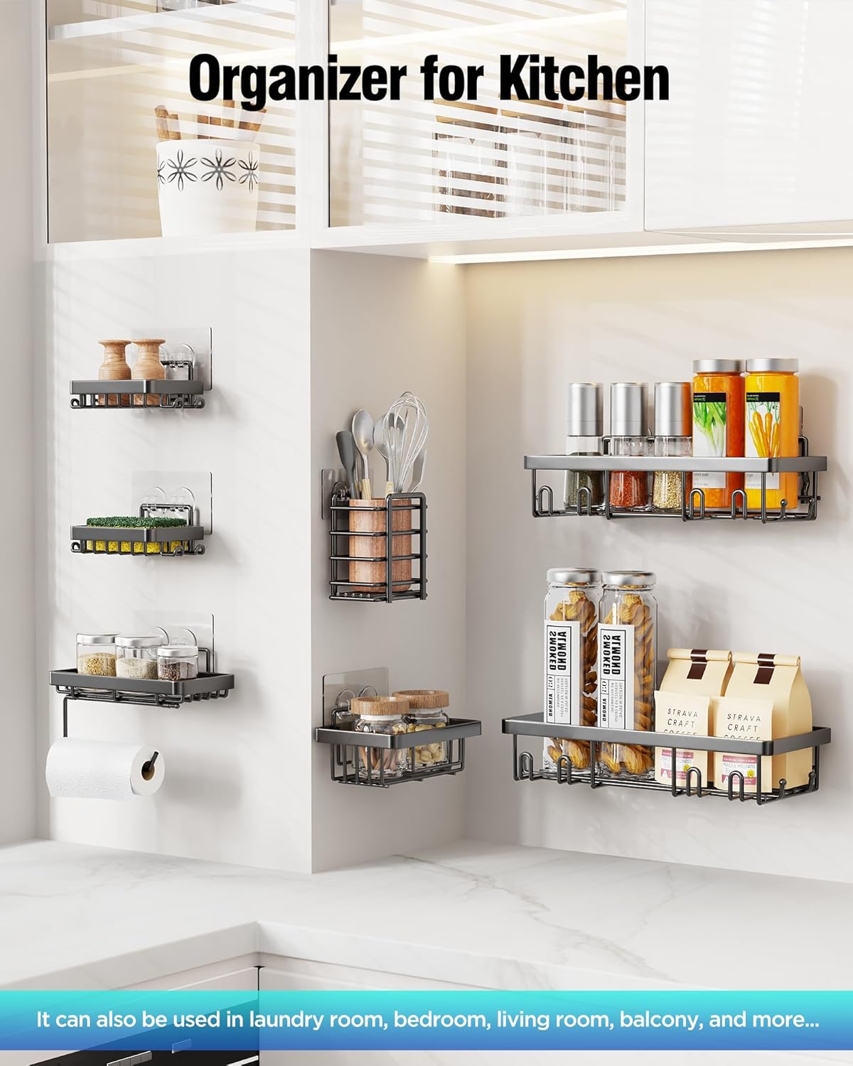 Shower Caddy 7 Pack, Adhesive Bathroom Shower Organizer for Bathroom Storage, No Drilling Large Capacity Rustproof Stainless Steel Shower Shelves Rack for Bath, Black