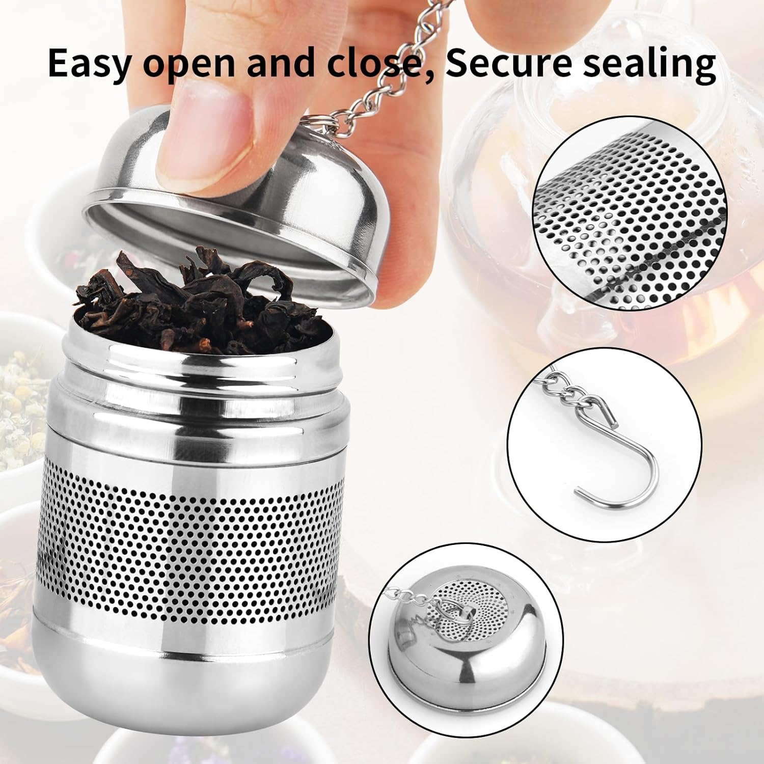 2PCS Tea Infuser Strainer - Stainless Steel Strainers for Loose Leaf Tea, Steeper, Fine Mesh Ball holder with Chain Hook and Lid, Reusable Filter Bags Diffusers