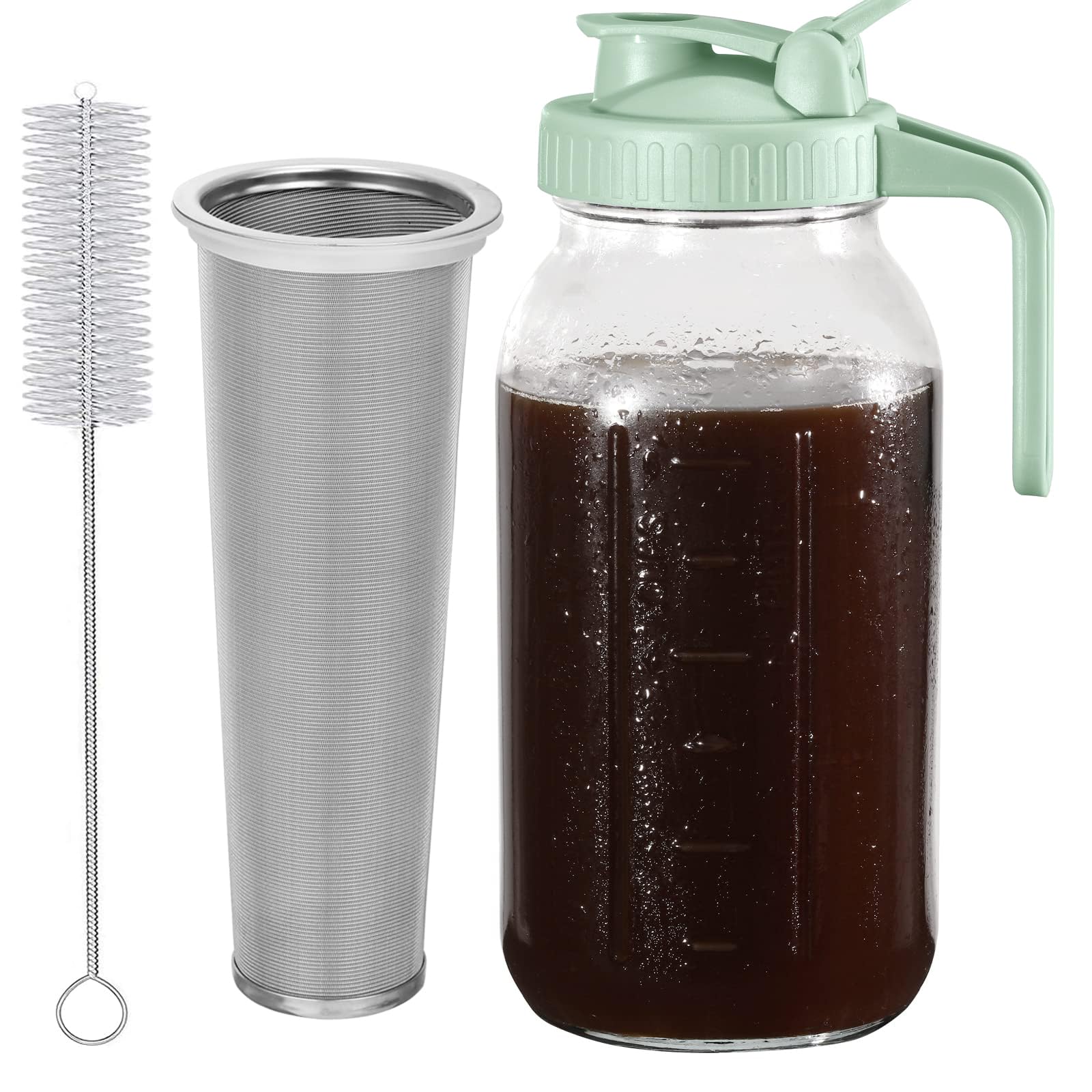 Cold Brew Coffee Maker Pitcher, 64 Oz Heavy Duty Wide Mouth Glass Mason Jar pour spout Lid with Stainless Steel Filter for Iced Coffee, Ice Lemonade, Fruit Drinks, Sun Tea