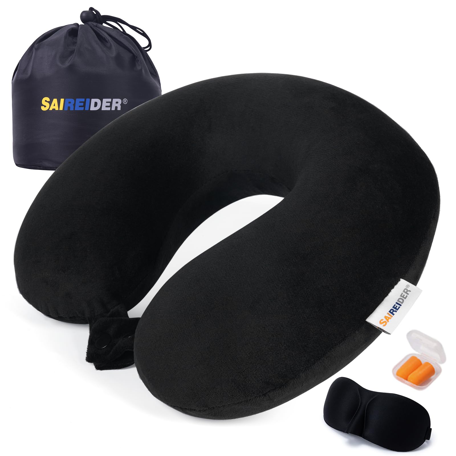 SAIREIDER Travel Pillow 100% Pure Memory Foam Travel Neck Pillow, Airplane Pillow for Traveling、Car、Home、Office，Washable Cover（Black）