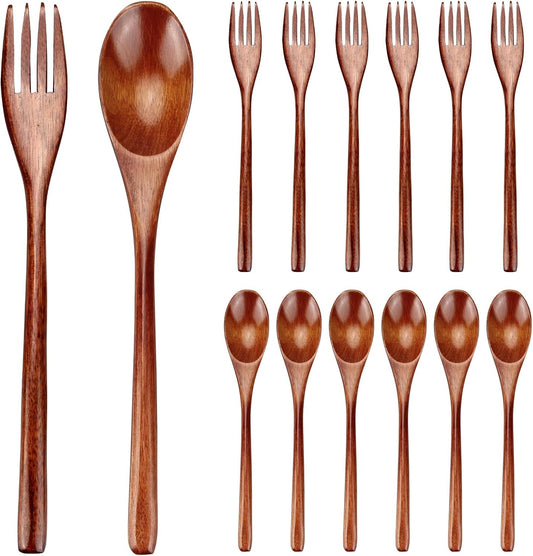 12 Pieces Wooden Forks and Spoons for Eating Utensil Set Lunch Wooden Cutlery Japanese Silverware Sets Flatware Reusable Bamboo Small Utensils Korean Mini Wooden Spoon Fork Set