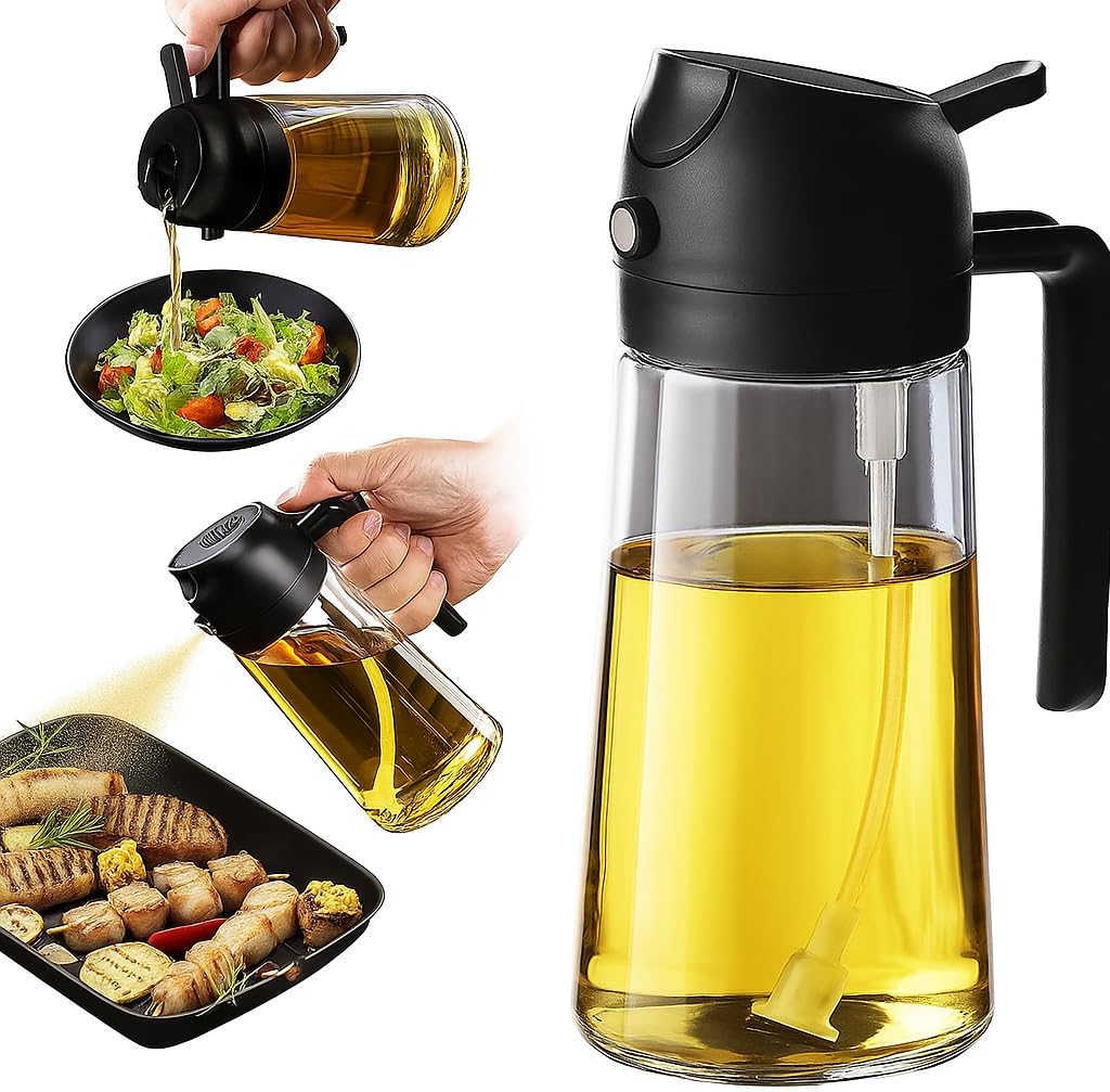 2 in 1 Olive Oil Sprayer & Dispenser Bottle – 470ml/16oz Glass Spray and Pour Oil Bottle for Cooking, Air Fryer, Salad, BBQ – Kitchen Gadgets & Accessories (Black)