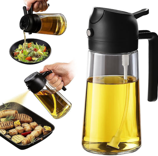 2 in 1 Olive Oil Sprayer & Dispenser Bottle – 470ml/16oz Glass Spray and Pour Oil Bottle for Cooking, Air Fryer, Salad, BBQ – Kitchen Gadgets & Accessories (Black)