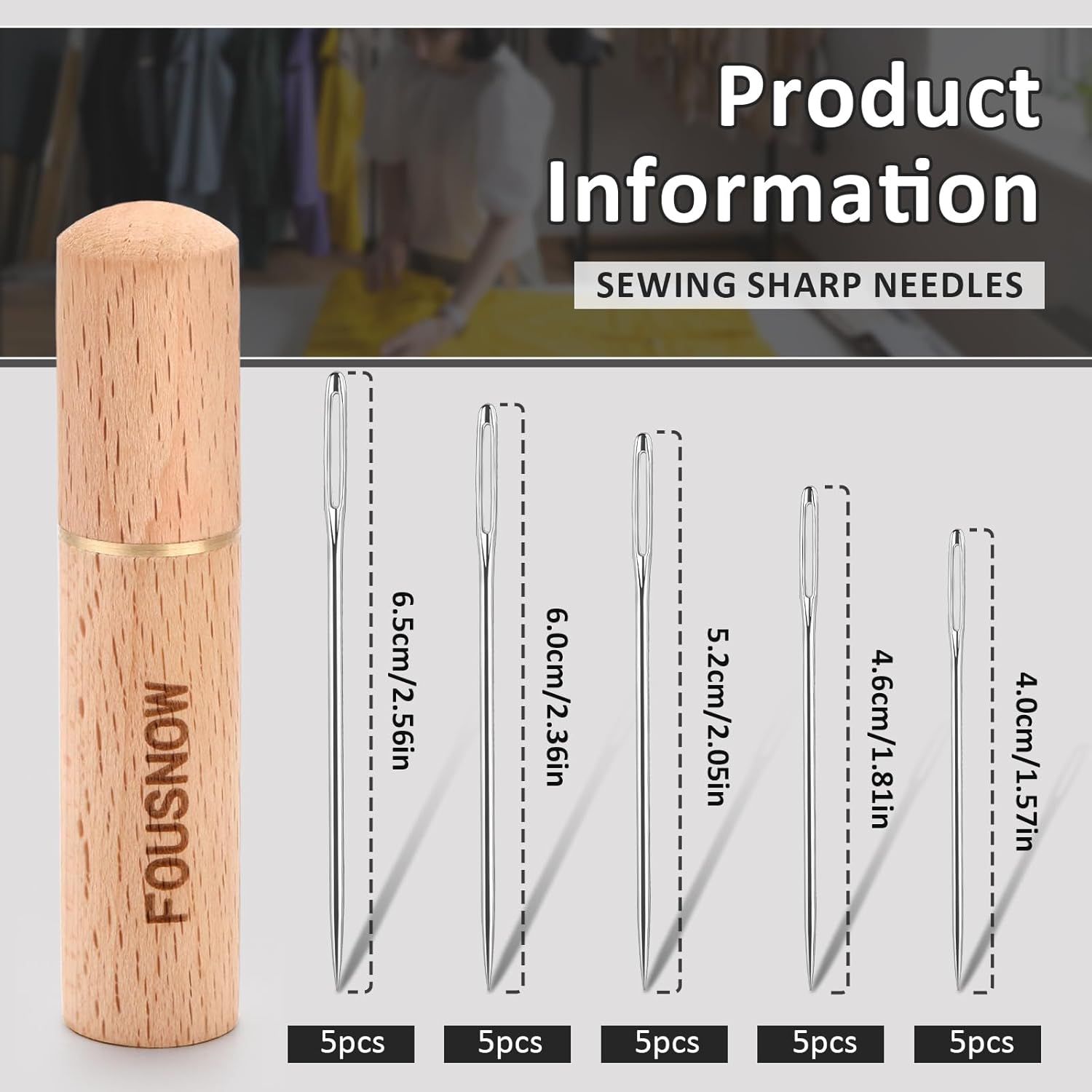 FOUSNOW 25 PCS Steel Sewing Needles, 5 Different Sizes Embroidery Large Eye Needles for Handsewing, Large Eye Sewing Needle, Sharp Needle Kit with Solid Wood Case
