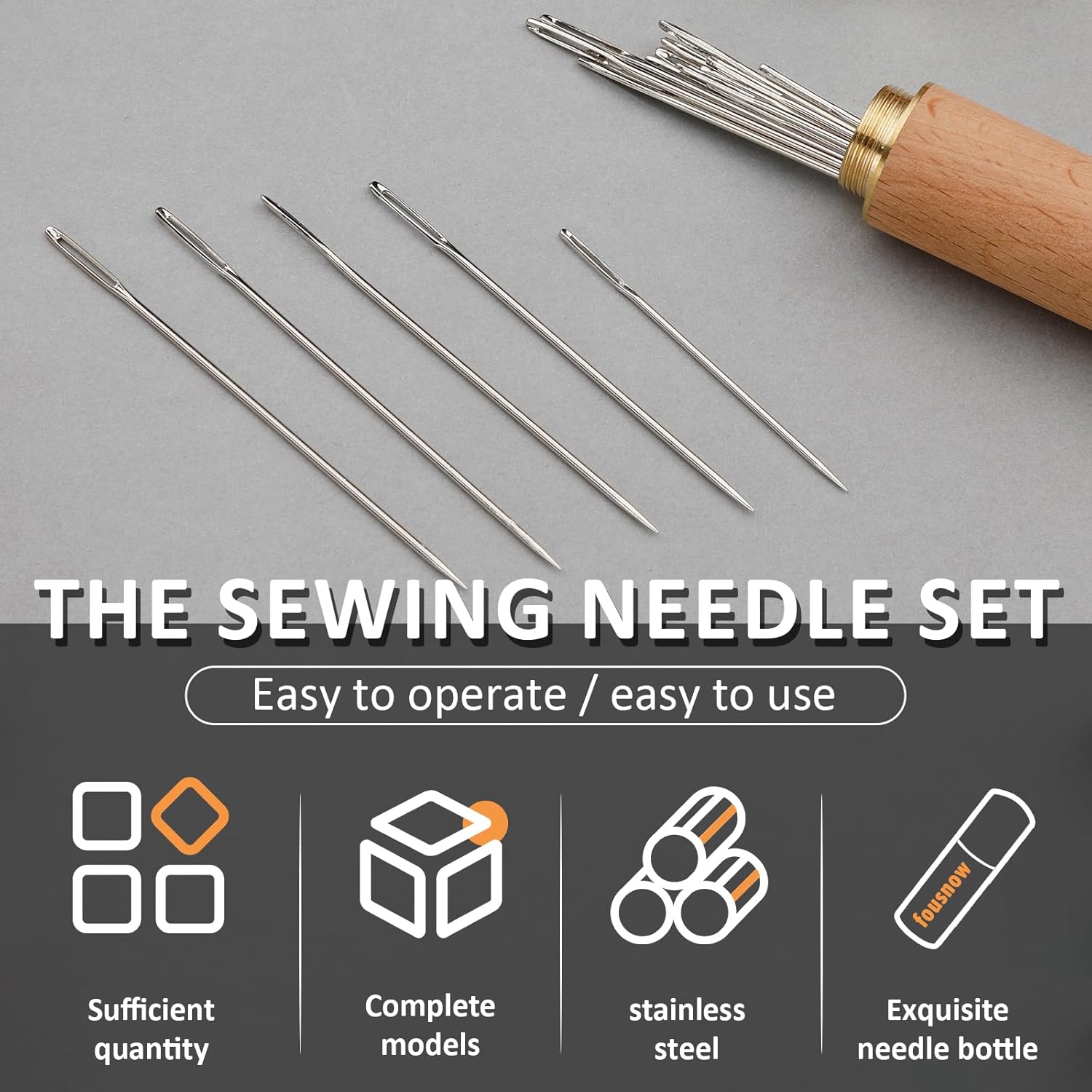 FOUSNOW 25 PCS Steel Sewing Needles, 5 Different Sizes Embroidery Large Eye Needles for Handsewing, Large Eye Sewing Needle, Sharp Needle Kit with Solid Wood Case
