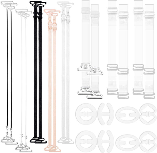 24Pcs Clear Bra Straps, Adjustable Bra Straps Replacement, Non-Slip Shoulder Straps with Clips, Multiple Colors Styles for Women Girls Strapless Brassiere Dresses Dance Daily Wear