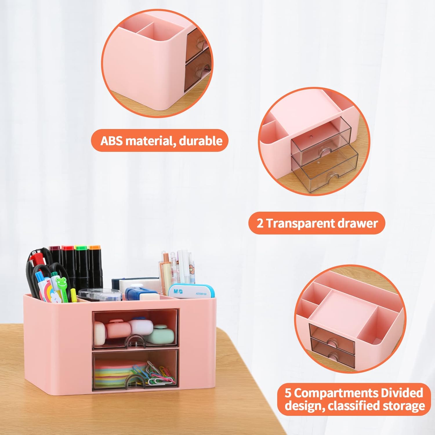 Desk Organizer with 2 Drawer, Plastic Desktop Pen Pencil Card Holder Storage Box for Desk, Office Supplies, Vanity Table Office School Home (Pink)