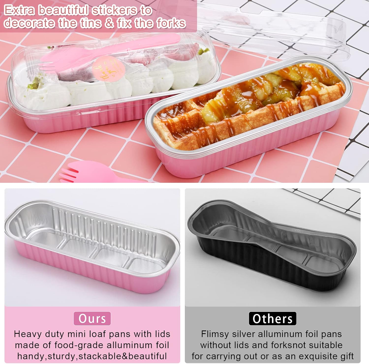 25Pack Pink Mini Cake Pans with Lids Mini Loaf Pans and Spoons and Stickers, 6.8Oz Aluminum Foil Pans Tins, Individual Dessert Cups Containers for Sales,Party,Picnics