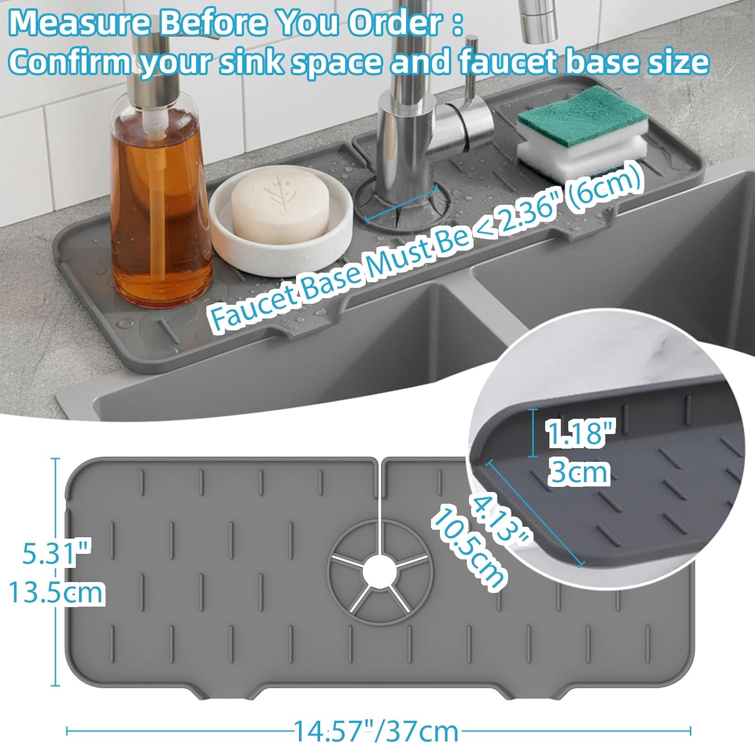 Silicone Faucet Handle Drip Catcher Drying Tray Mat Dish Soap Sponge Holder Accessories Gadgets for Kitchen Counter Bathroom Kitchen Sink Splash Guard (Gray, 14.56")