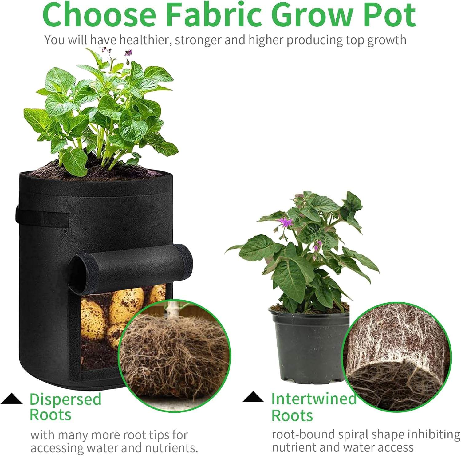 JJGoo 2 Pack Potato Grow Bags 10 Gallon with Flap, Heavy Duty Fabric Grow Bags with Handle and Harvest Window, Non-Woven Planter Pot Plant Garden Bags to Grow Vegetables Potato Tomato, Black