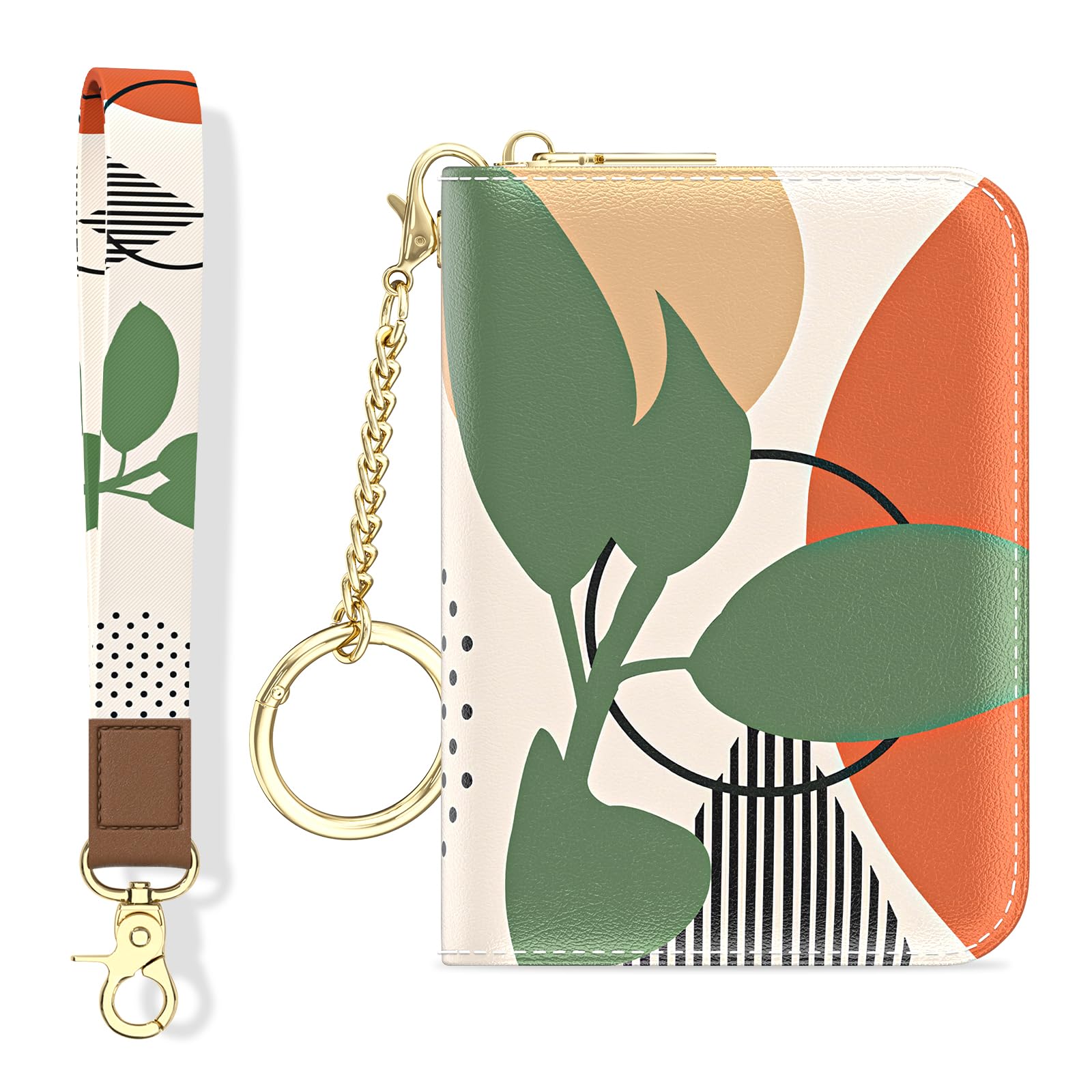 Credit Card Holder, Small RFID Wallet Slim Leather Card Organizer Case with Zipper and Keychain, Elegant Flowers