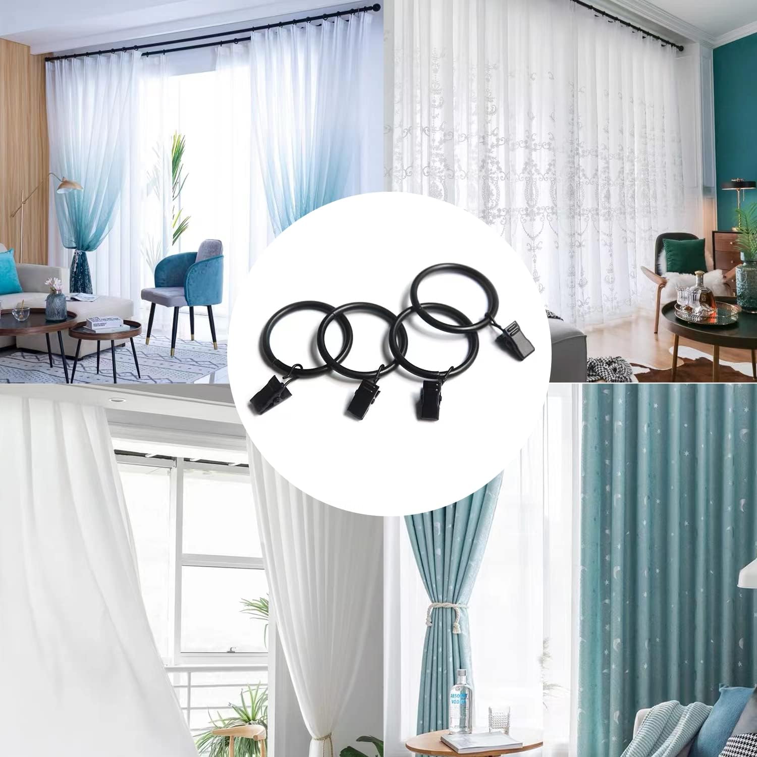 40 Pack Metal Curtain Rings with Clips, Drapery Clips with Rings, Curtain Hangers Clips for Home,Hotel and Office, Drapes Rings 1.26 inch Interior Diameter,Black