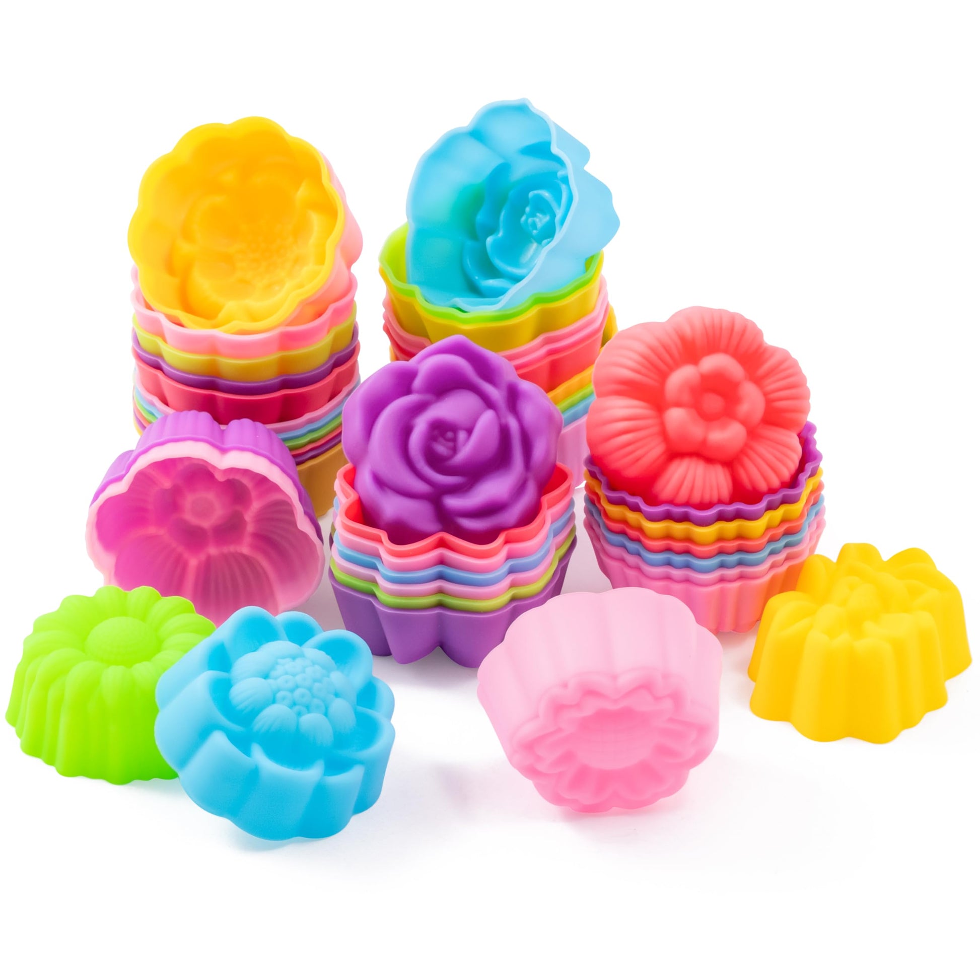 R HORSE 42Pcs Mini Size Silicone Molds, 2 x 0.8 inch Cupcake Multi Flower Shapes Baking Cups Non-Stick Donut Wrapper Mold Muffin Liners Washable for Pan Oven Microwave Dishwasher