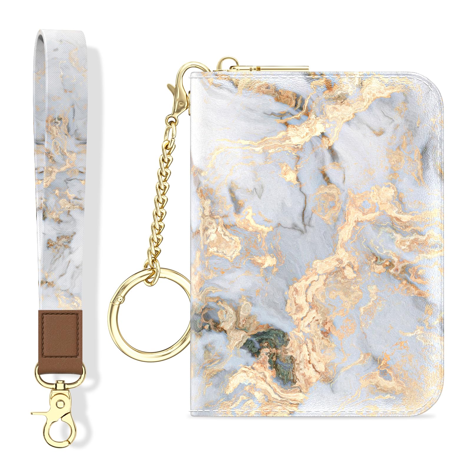 Credit Card Holder, Small RFID Wallet Slim Leather Card Organizer Case with Zipper and Keychain, Elegant Flowers