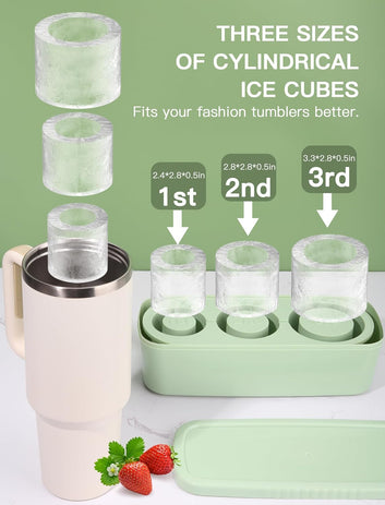 Ice Cube Tray for Tumbler Cup 30Oz-40Oz, 3 Pcs Silicone Cylinder Ice Mold with Lid and Bin for Freezer, Easy Fill and Release Ice Maker for Whiskey, Cocktail BPA-Free (Green, 40Oz-Type1)