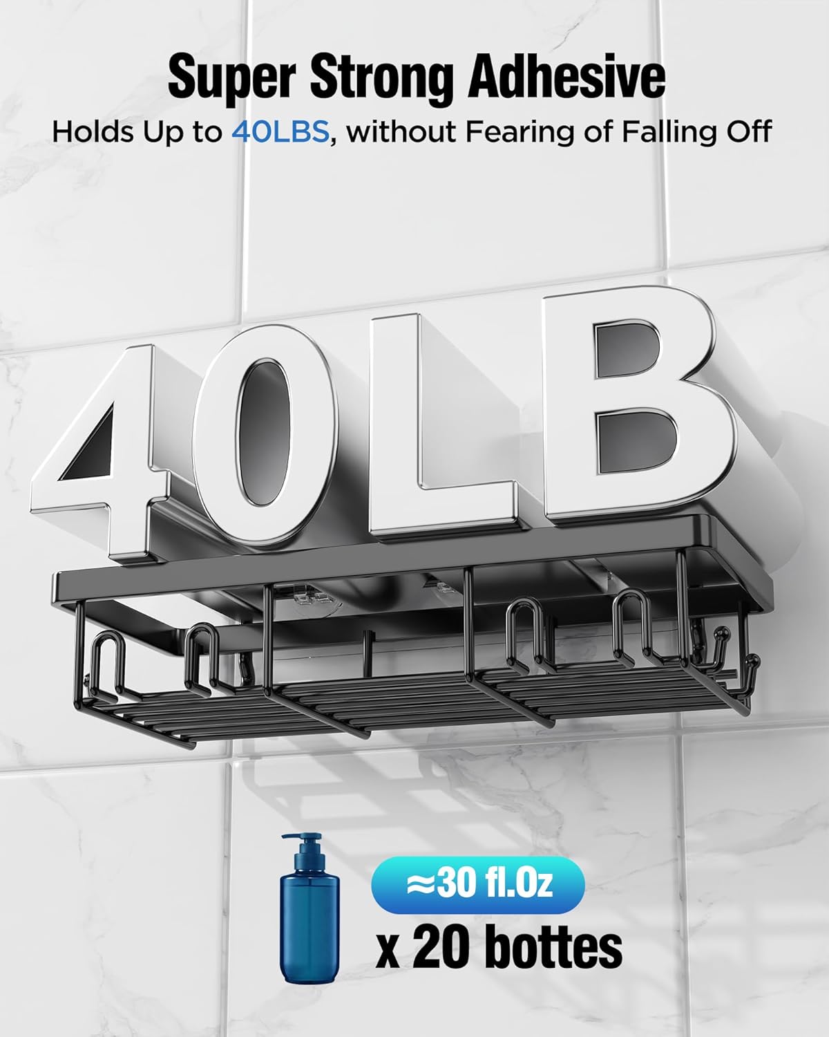 Shower Caddy 7 Pack, Adhesive Bathroom Shower Organizer for Bathroom Storage, No Drilling Large Capacity Rustproof Stainless Steel Shower Shelves Rack for Bath, Black