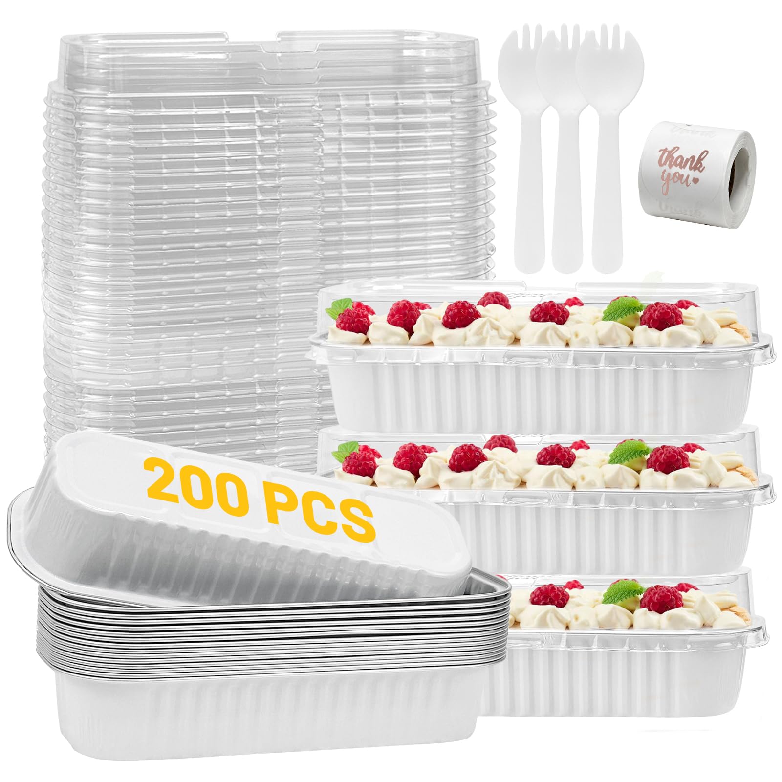 25Pack Pink Mini Cake Pans with Lids Mini Loaf Pans and Spoons and Stickers, 6.8Oz Aluminum Foil Pans Tins, Individual Dessert Cups Containers for Sales,Party,Picnics