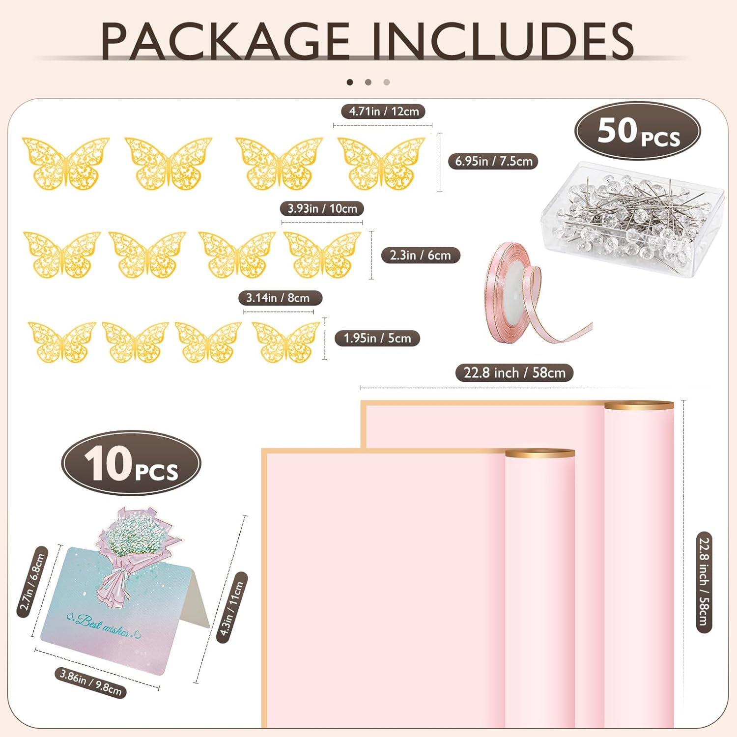 20 Sheets Flower Wrapping Paper Bouquet Wrapping Paper Waterproof with 10 Pcs Greeting cards, 12PCS 3D Gold Butterfly Decor, 50 pearl pins, 24 Yards Satin Ribbon for Wedding DIY Craft Party 10 colors