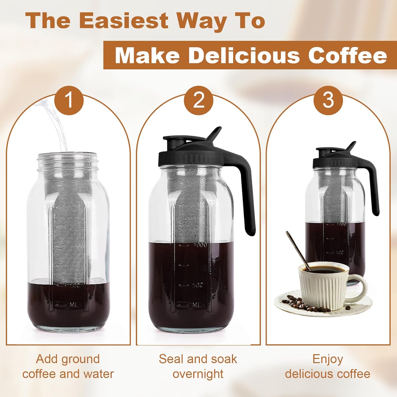 Cold Brew Coffee Maker,64 oz Mason Jar Pitcher with Stainless Steel Filter, Pour Spout Handle Lid, Heavy Duty Glass Airtight & Leak-Proof for Iced Coffee,Tea & Lemonade