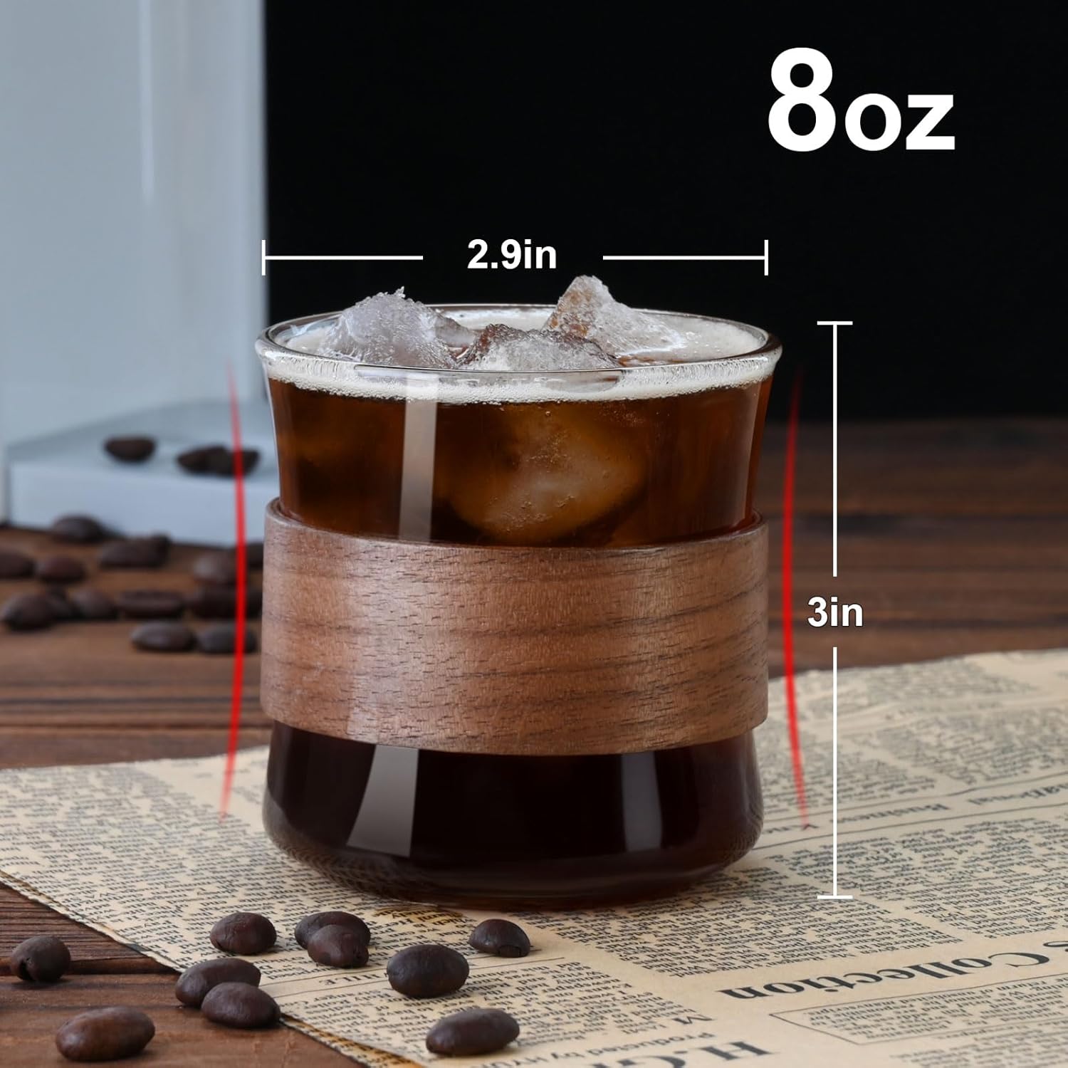PARACITY Espresso Cups Set of 2 with Wooden Ring, 8 OZ High Borosilicate Espresso Shot Glass, Clear Small Expresso Shots Cup, Espresso Accessories