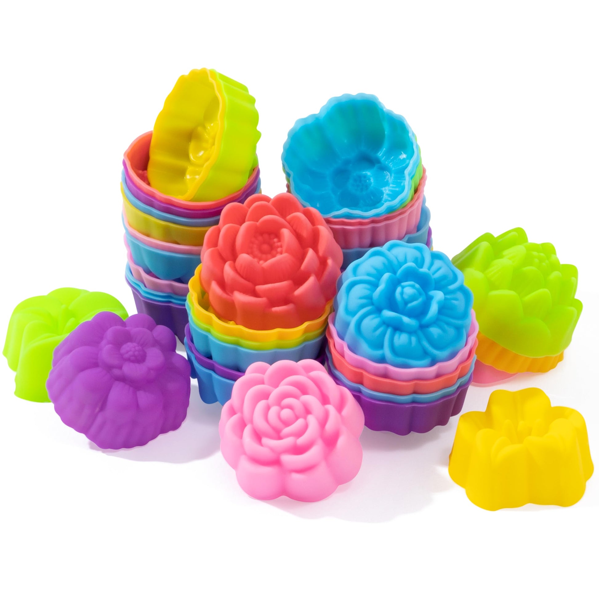 R HORSE 42Pcs Mini Size Silicone Molds, 2 x 0.8 inch Cupcake Multi Flower Shapes Baking Cups Non-Stick Donut Wrapper Mold Muffin Liners Washable for Pan Oven Microwave Dishwasher