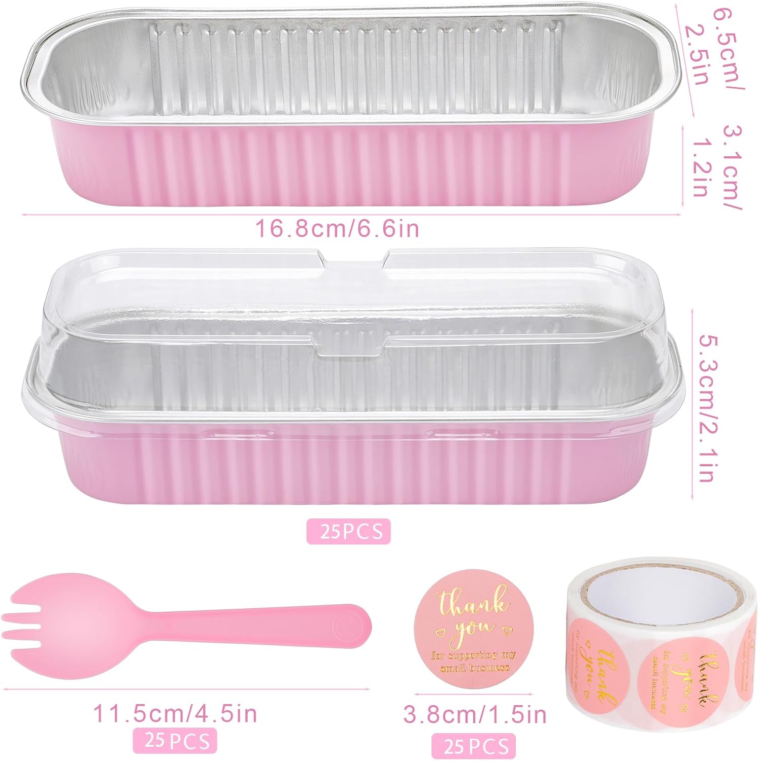 25Pack Pink Mini Cake Pans with Lids Mini Loaf Pans and Spoons and Stickers, 6.8Oz Aluminum Foil Pans Tins, Individual Dessert Cups Containers for Sales,Party,Picnics