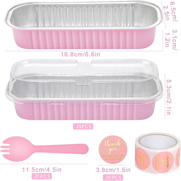 25Pack Pink Mini Cake Pans with Lids Mini Loaf Pans and Spoons and Stickers, 6.8Oz Aluminum Foil Pans Tins, Individual Dessert Cups Containers for Sales,Party,Picnics