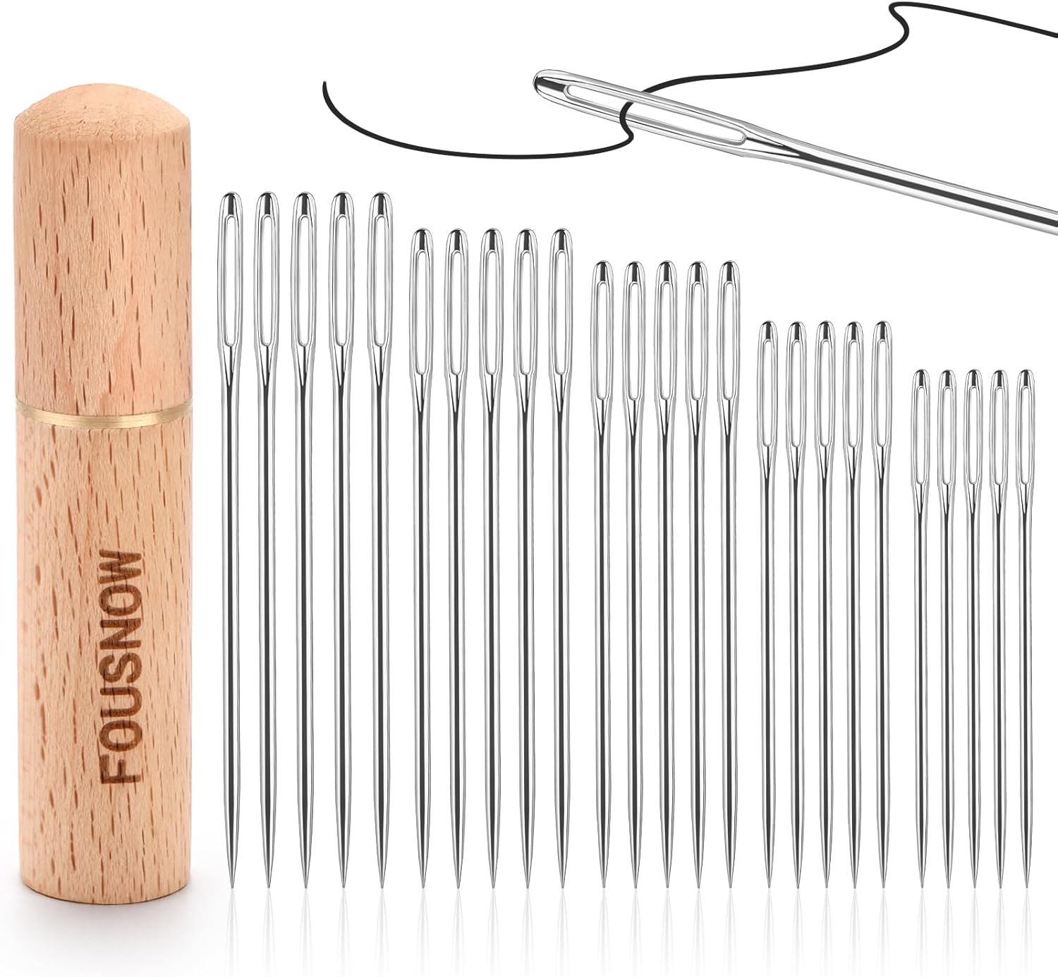 FOUSNOW 25 PCS Steel Sewing Needles, 5 Different Sizes Embroidery Large Eye Needles for Handsewing, Large Eye Sewing Needle, Sharp Needle Kit with Solid Wood Case