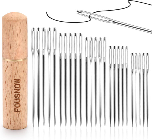 FOUSNOW 25 PCS Steel Sewing Needles, 5 Different Sizes Embroidery Large Eye Needles for Handsewing, Large Eye Sewing Needle, Sharp Needle Kit with Solid Wood Case