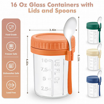 DRKIO 4 Pack Glass Overnight Oats Containers with Lids and Spoons 16 Oz Mason Jars for Overnight Oats Jars Leak Proof Oatmeal Container Meal Prep Jar for Cereal Fruit Vegetable Milk Salad Yogurt