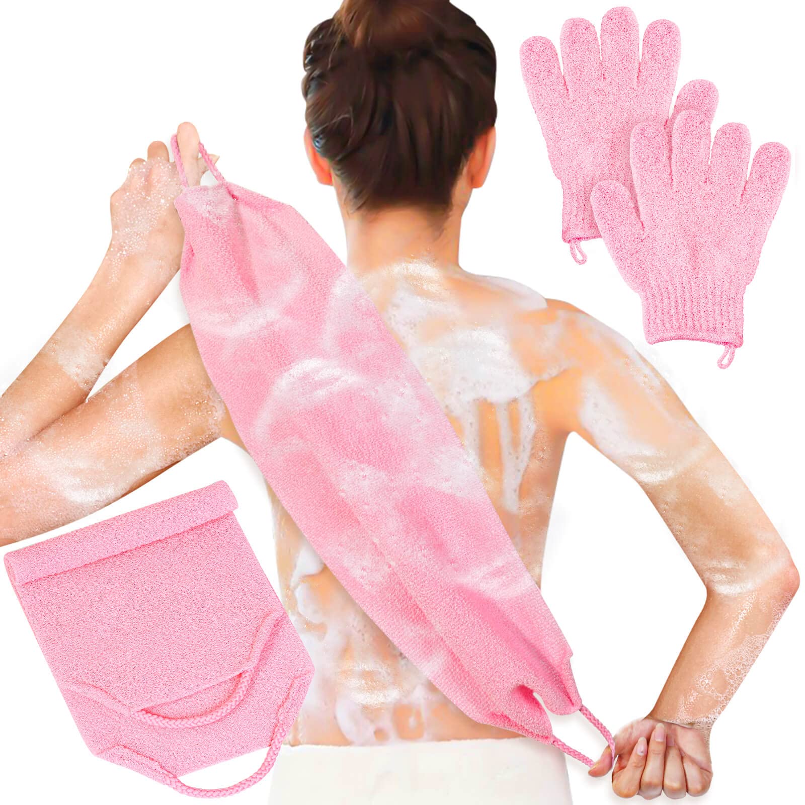 Anezus Exfoliating Back Scrubber Bath Gloves Set, Exfoliating Shower Towel with Shower Gloves for Body Scrub, Back Cleaner Wash Gloves to Remove Dead Skin (Black)
