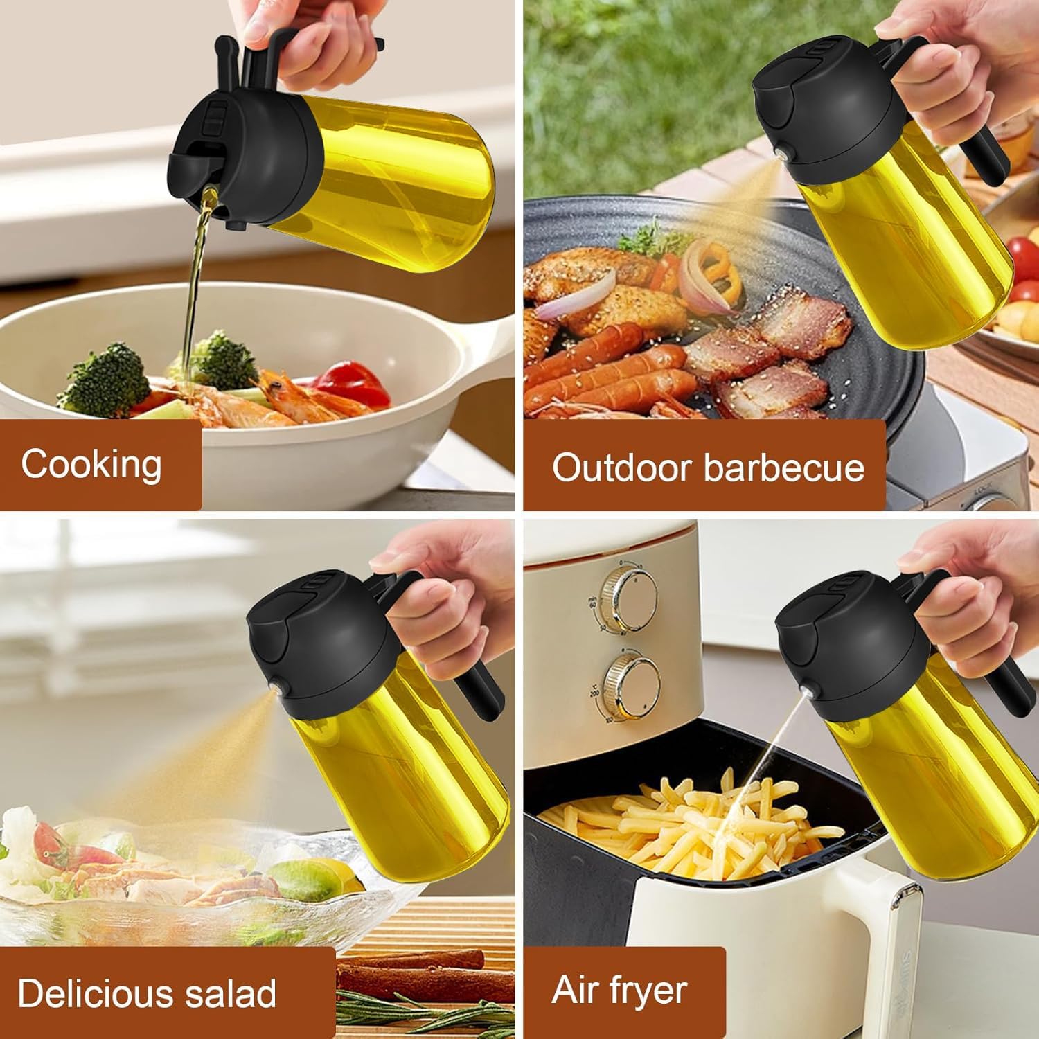 2 in 1 Olive Oil Sprayer & Dispenser Bottle – 470ml/16oz Glass Spray and Pour Oil Bottle for Cooking, Air Fryer, Salad, BBQ – Kitchen Gadgets & Accessories (Black)