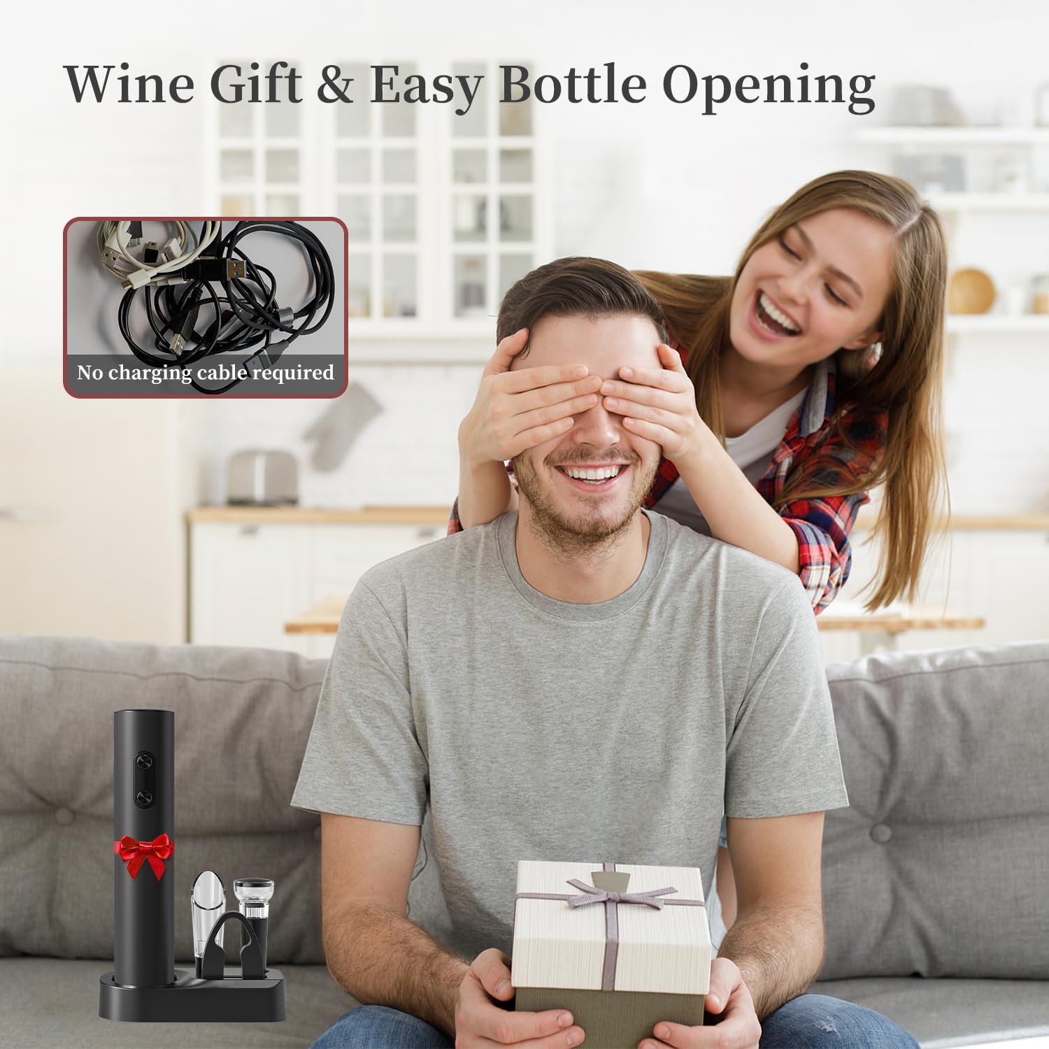 Battery Operated Electric Wine Opener Set by ELMWAY, Electric Corkscrew with Storage Base/Aerator Pourer/Foil Cutter/Vacuum Stopper, Wine Set Gift for Wine Lover - Black (4 x AA Not Included)