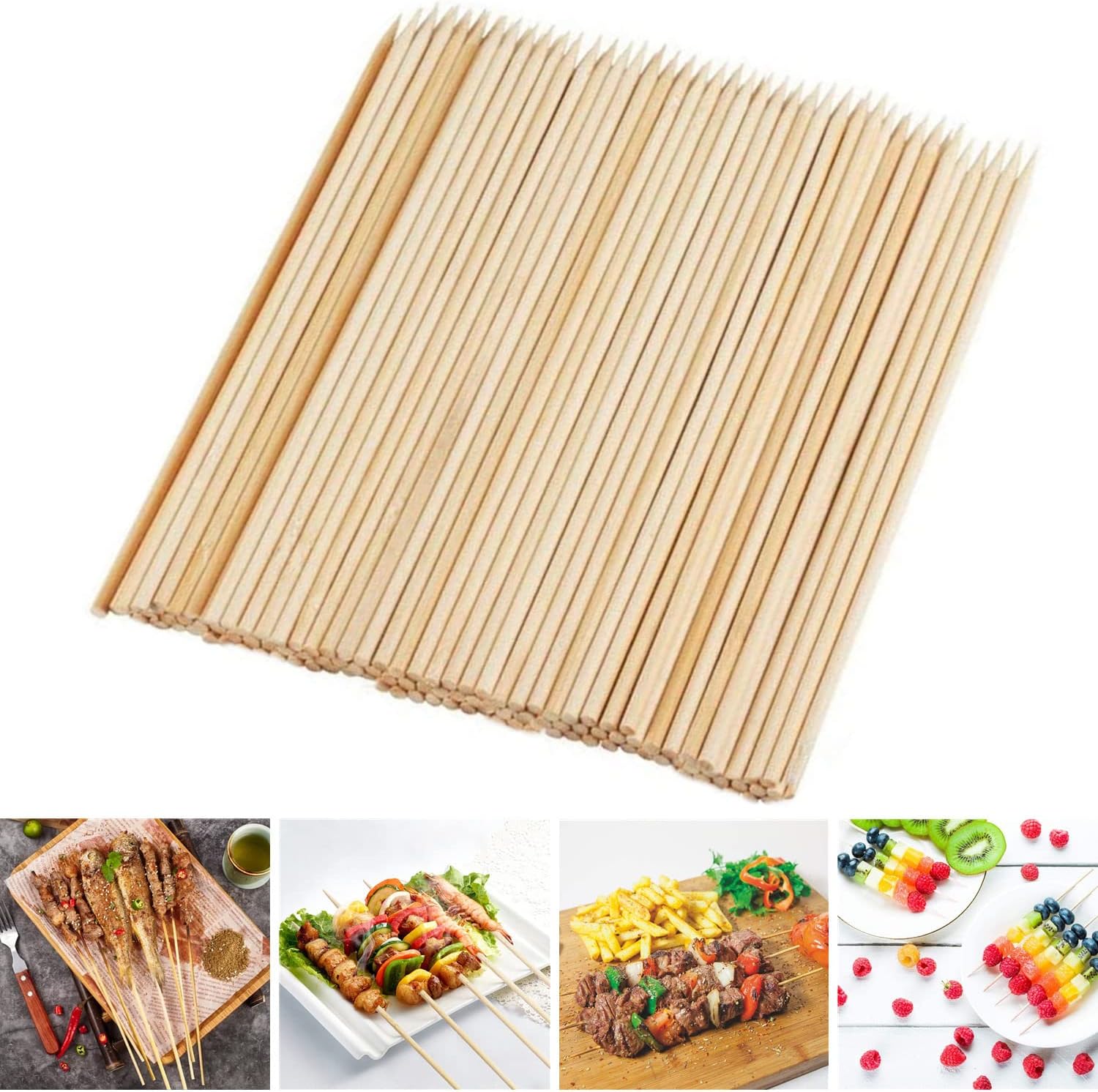 Fu Store Bamboo Skewers, 8 Inch Bamboo Sticks 100pcs BBQ Kabob Skewers, Grill, Appetizer, Fruit, Corn, Chocolate Fountain, Cocktail, Art, Craft, Set of 100 Pack