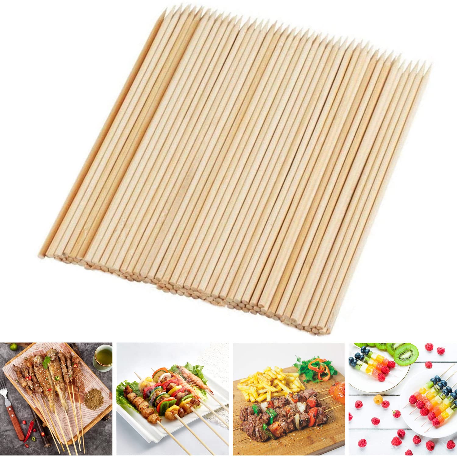 Fu Store Bamboo Skewers, 8 Inch Bamboo Sticks 100pcs BBQ Kabob Skewers, Grill, Appetizer, Fruit, Corn, Chocolate Fountain, Cocktail, Art, Craft, Set of 100 Pack