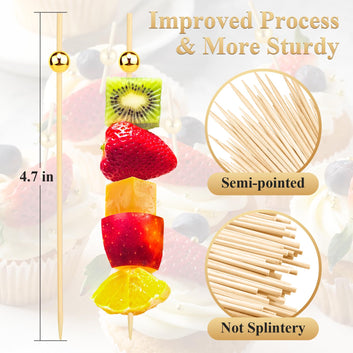 [300PCS] Cocktail Picks, Fancy Toothpicks for Appetizers Drinks Food Fruit, 4.7 IN Long Decorative Bamboo Skewers, Gold Pearl Wooden Garnish Sticks for Charcuterie Boards Accessories Party Supplies