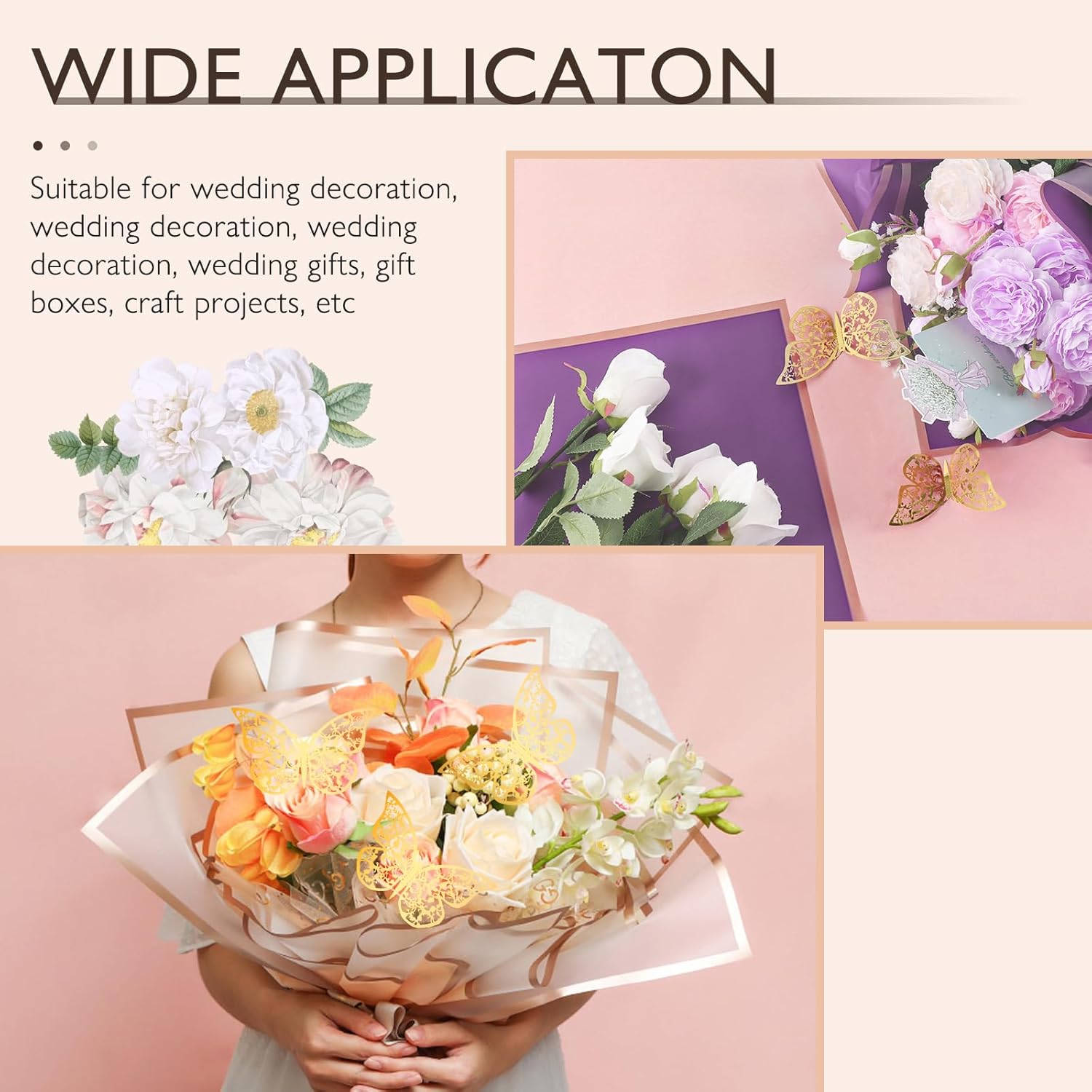 20 Sheets Flower Wrapping Paper Bouquet Wrapping Paper Waterproof with 10 Pcs Greeting cards, 12PCS 3D Gold Butterfly Decor, 50 pearl pins, 24 Yards Satin Ribbon for Wedding DIY Craft Party 10 colors