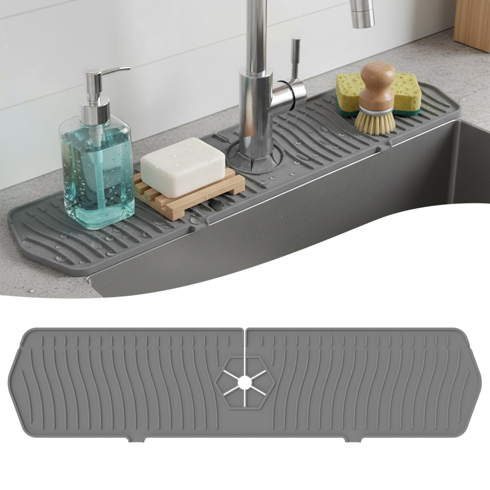 Silicone Faucet Handle Drip Catcher Drying Tray Mat Dish Soap Sponge Holder Accessories Gadgets for Kitchen Counter Bathroom Kitchen Sink Splash Guard (Gray, 14.56")