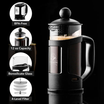 French Press - Heat-Resistant Borosilicate Glass Coffee Carafe & Tea Press, 4-Stainless-Steel Filter System, Portable Gourmet Coffee Pot for Hot & Cold Brew, Gourmet Coffee Pots