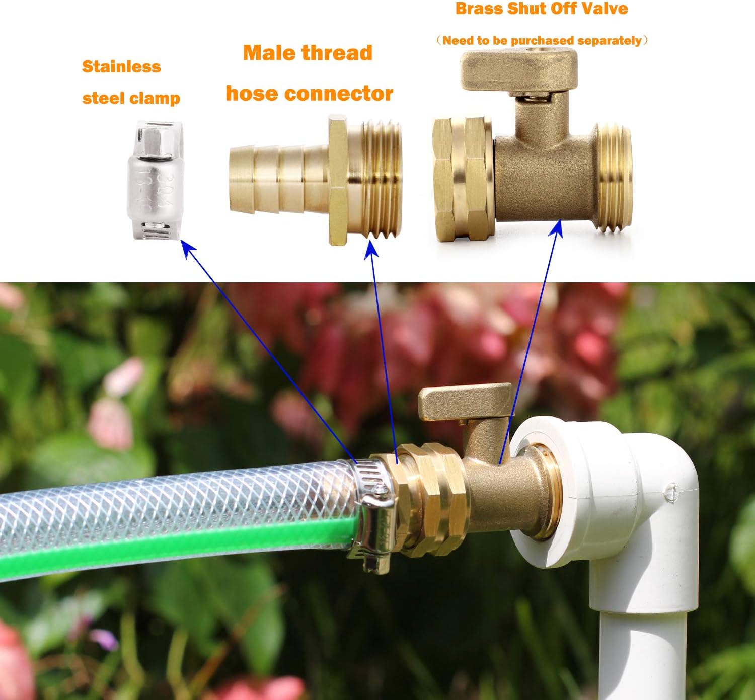 Solid Brass Garden Hose Repair kit Connector with Clamps 3/4" Barb x 3/4" Male,Fit for Garden Hose Fitting,Male and Female Hose Fittings