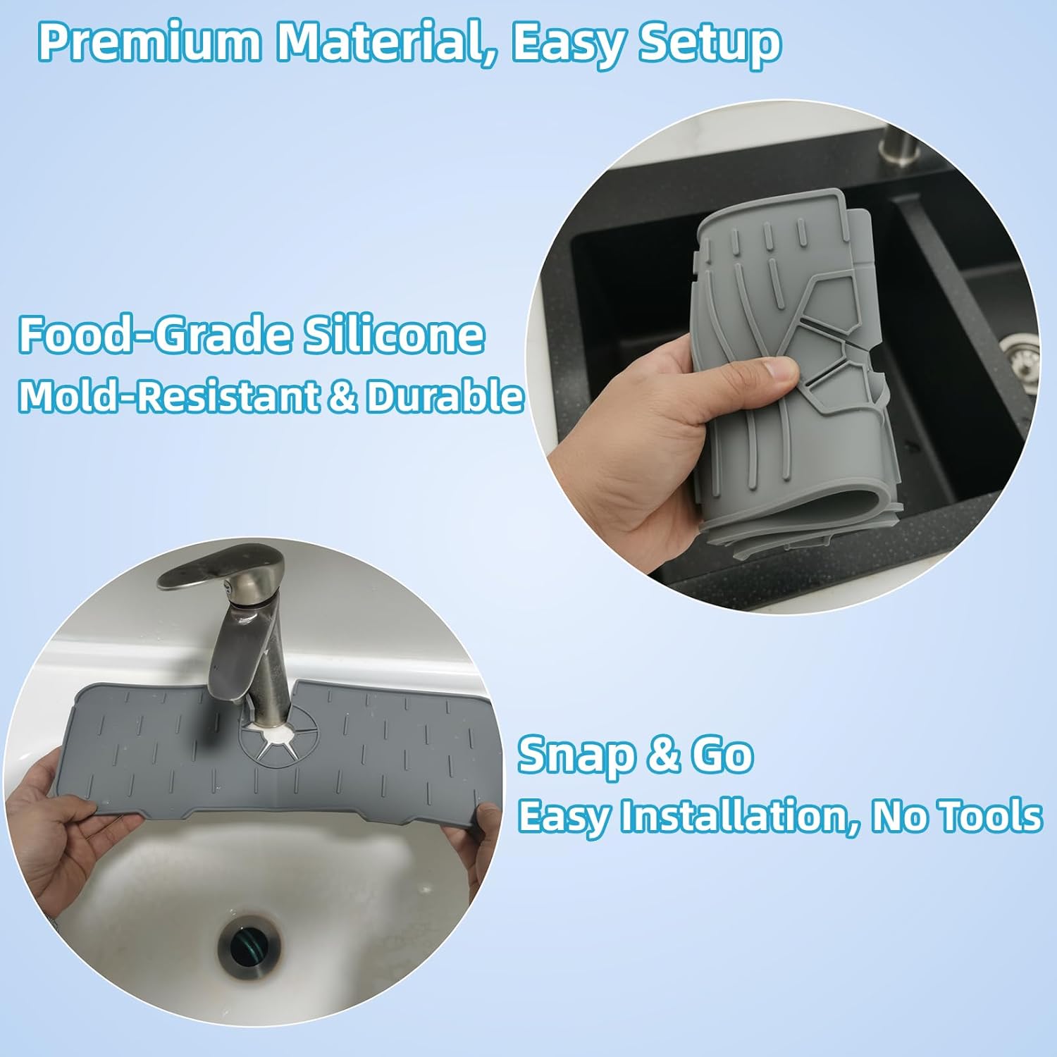 Silicone Faucet Handle Drip Catcher Drying Tray Mat Dish Soap Sponge Holder Accessories Gadgets for Kitchen Counter Bathroom Kitchen Sink Splash Guard (Gray, 14.56")