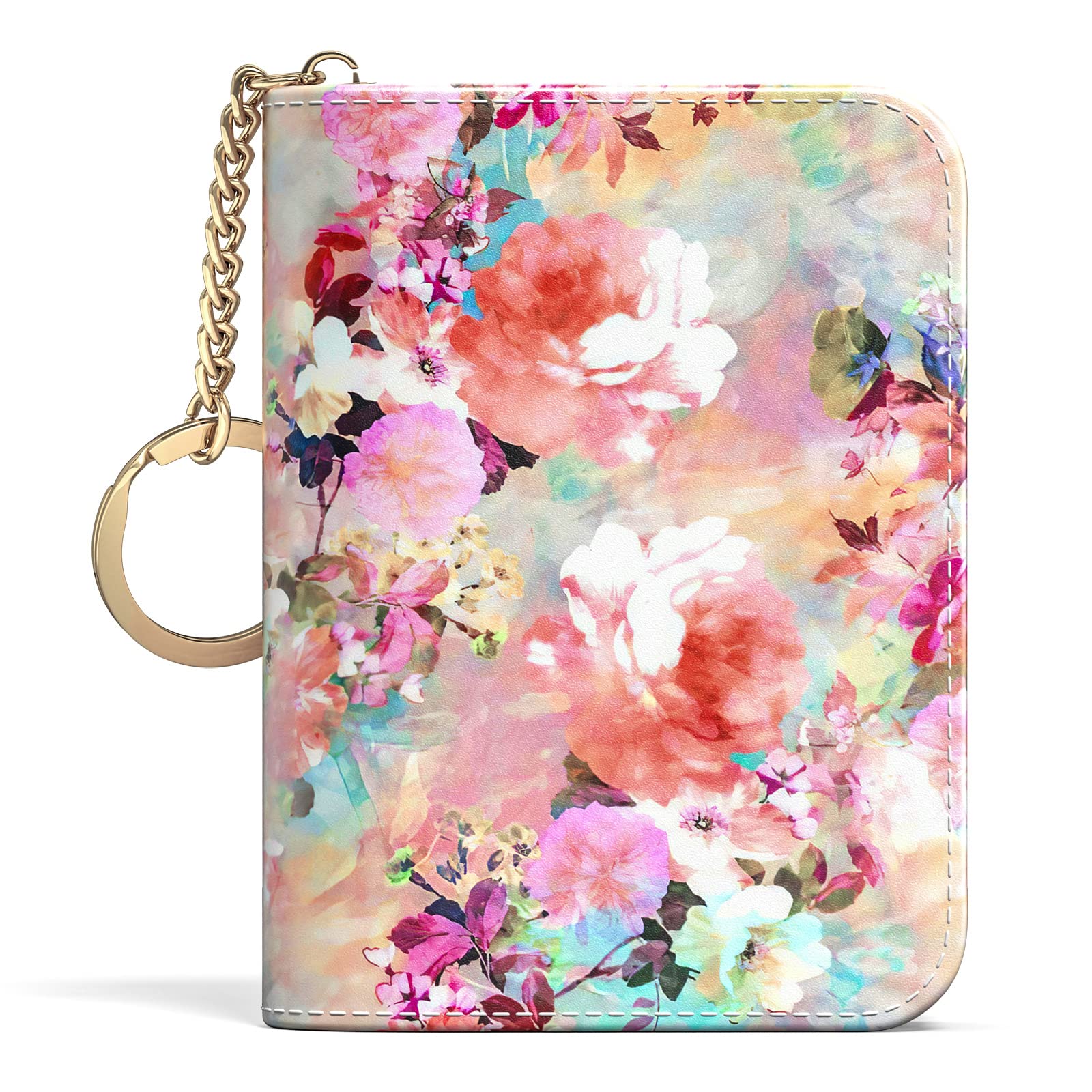 Credit Card Holder, Small RFID Wallet Slim Leather Card Organizer Case with Zipper and Keychain, Elegant Flowers