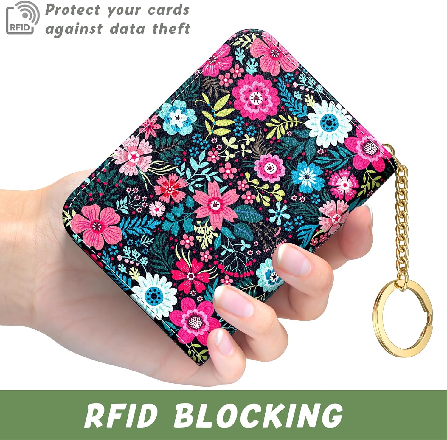 Credit Card Holder, Small RFID Wallet Slim Leather Card Organizer Case with Zipper and Keychain, Elegant Flowers