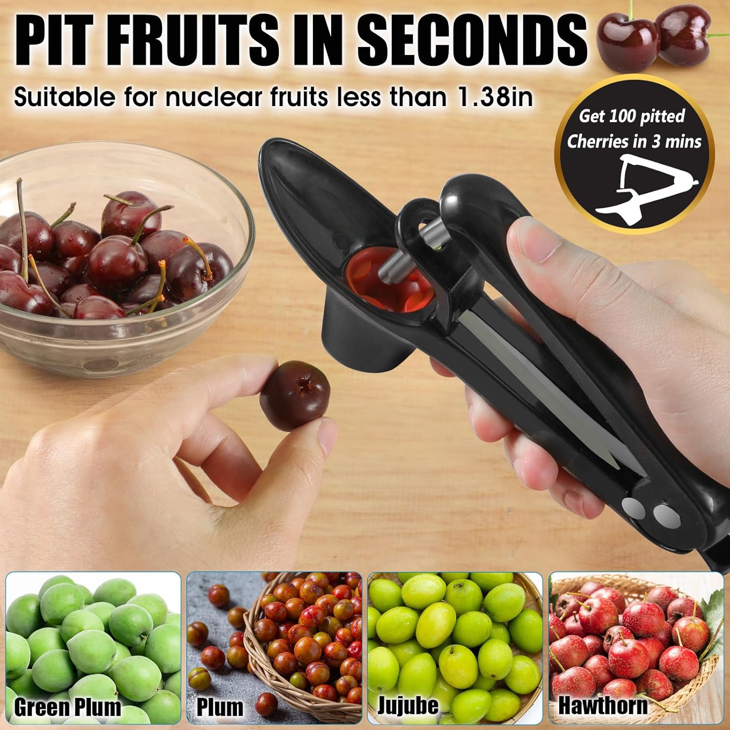 SCHVUBENR Cherry Pitter Tool - Stainless Steel Cherry Corer Pitter with Ergonomic Push Design - Easy to Use for Making Cherry Jam - Pit Cherry with Ease, Saving Time & Space with Lock Design(Black)